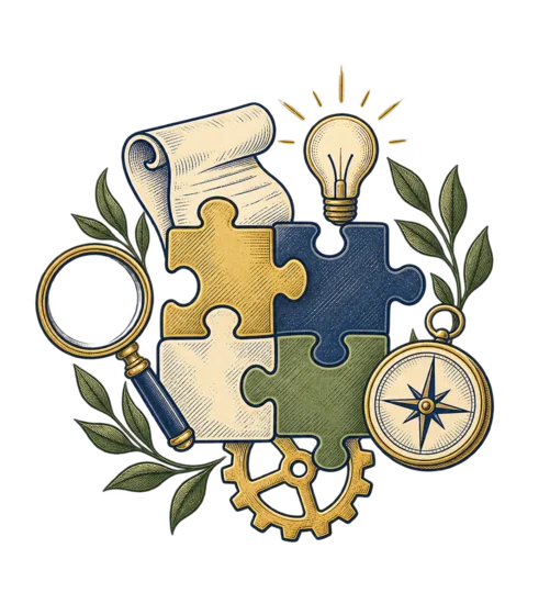 Puzzle pieces with a magnifying glass, compass, and light bulb