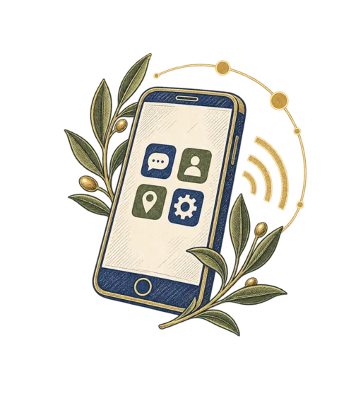 An illustrated phone surrounded by signal symbols