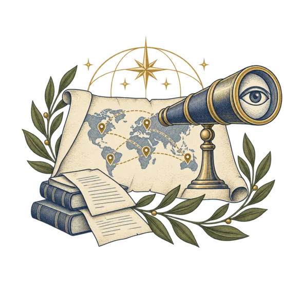 A world map studied through a telescope with an eye