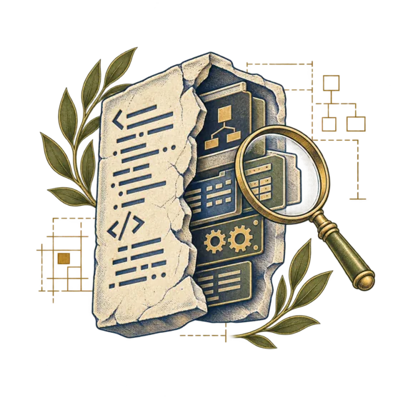 A code fragment opened to reveal system internals beneath a magnifying glass