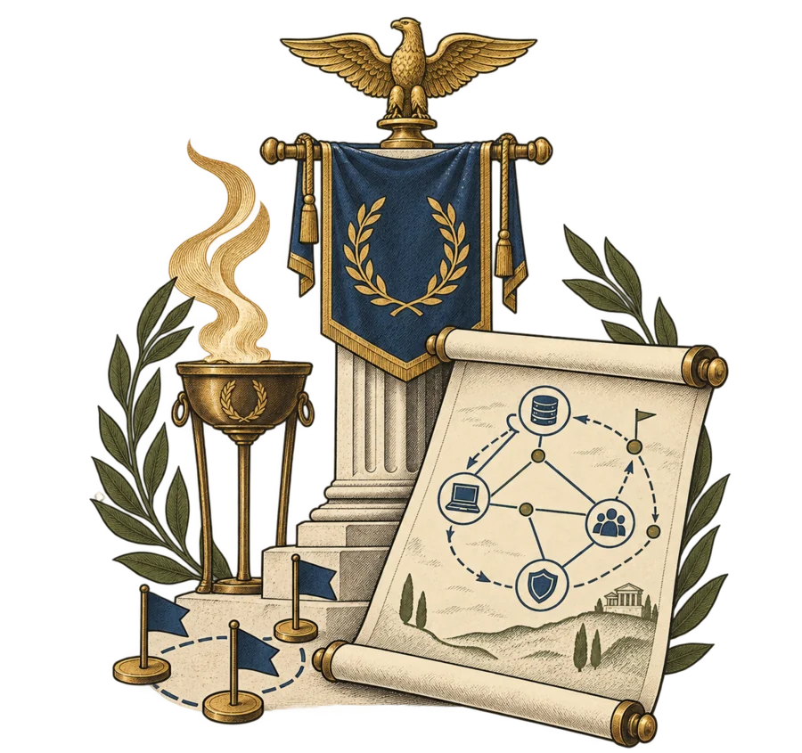 A strategic incident-response map on a scroll beside a blue banner and torch
