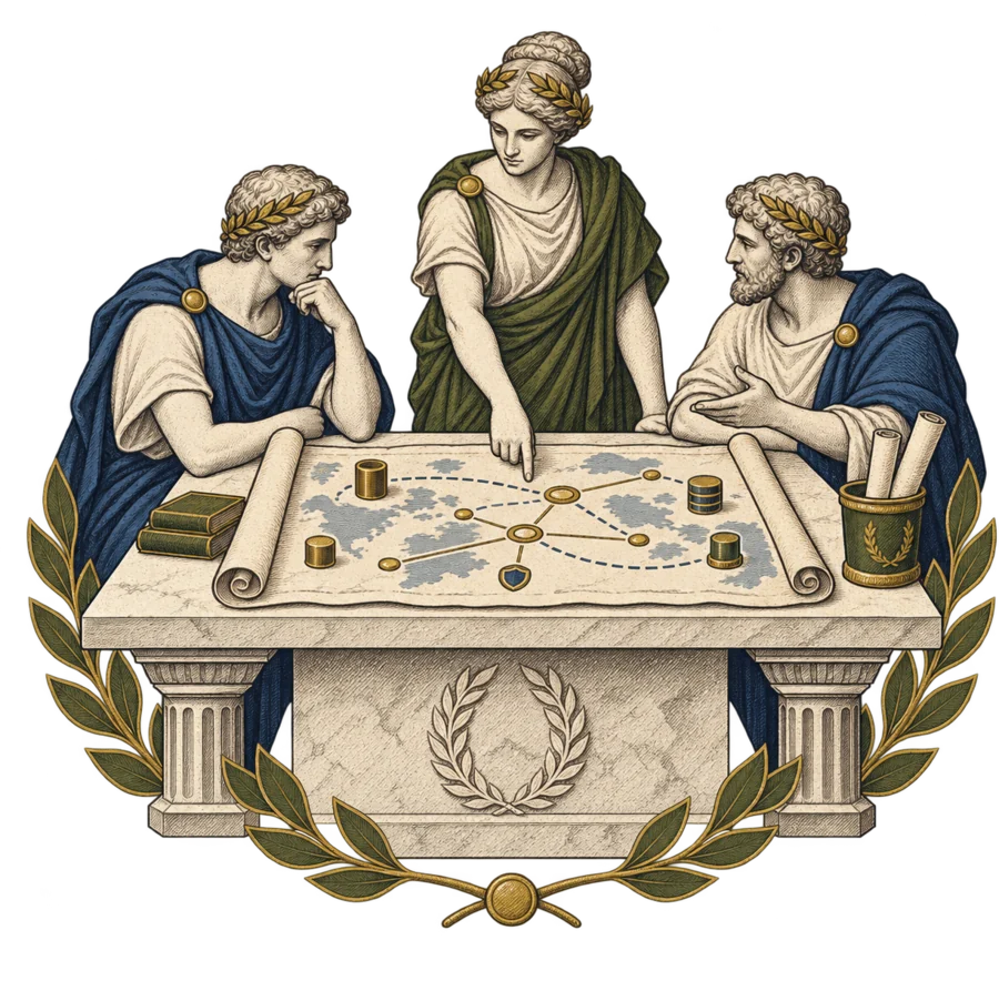 Three participants discuss a strategic map around a table