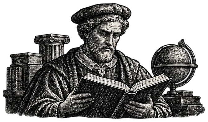 Engraved scholar reading an open book