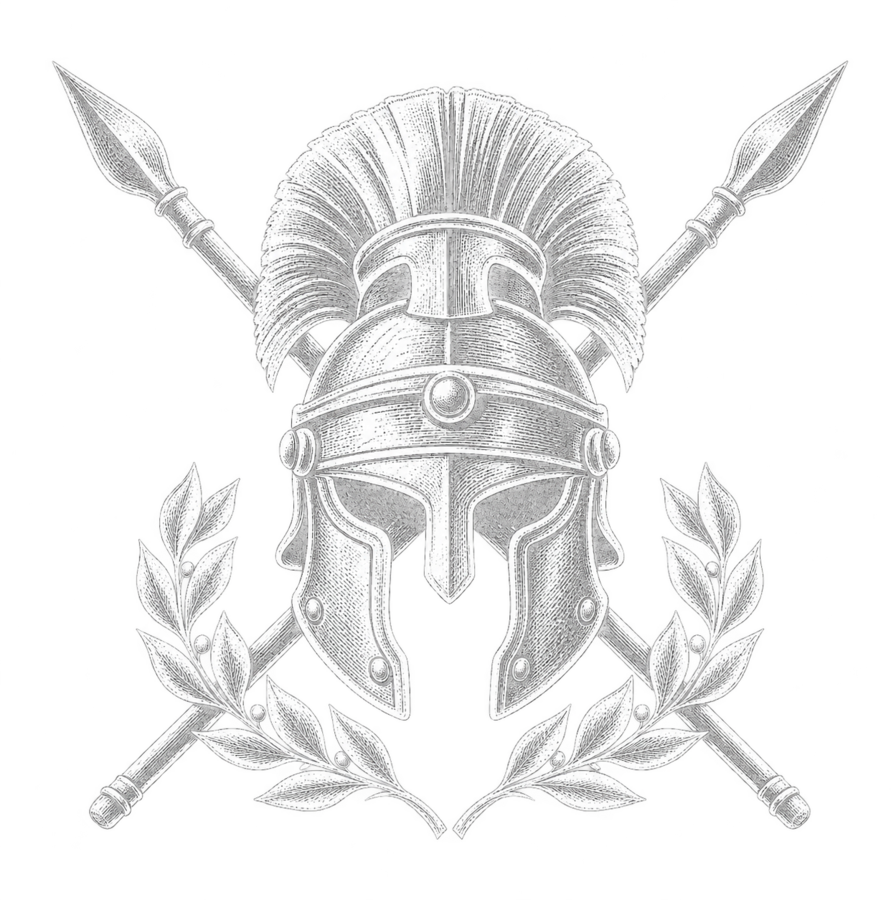 Professional certification emblem: a plumed helmet with crossed spears and laurels