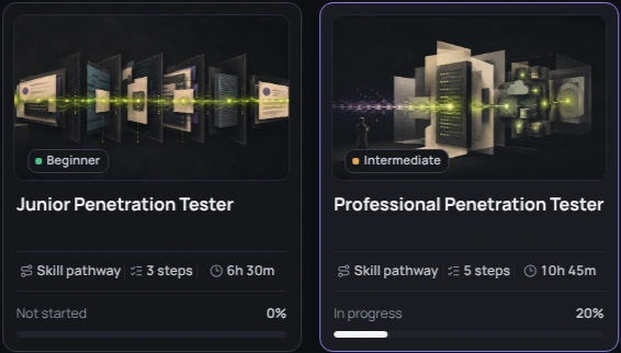 Pathway catalog preview showing penetration tester learning routes and progress